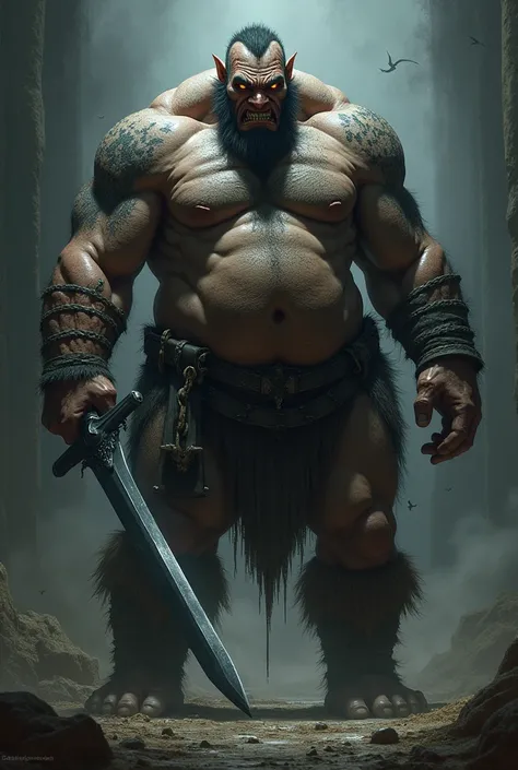 4 meter tall ogre,  using a black dagger, He has some bruises on his body and is missing 4 teeth in his mouth, he is a hunter 