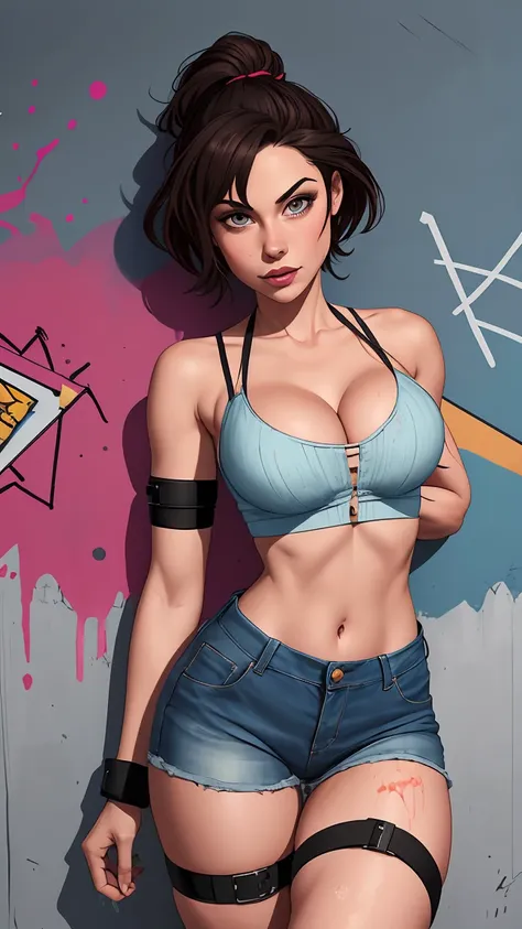 masterpiece, best quality, 1girl, crop top, cleavage, denim shorts, graffiti, arms behind back, paint splattered wall, looking at viewer, armband, thigh strap, large hips, head tilt, dark hair, peepshow