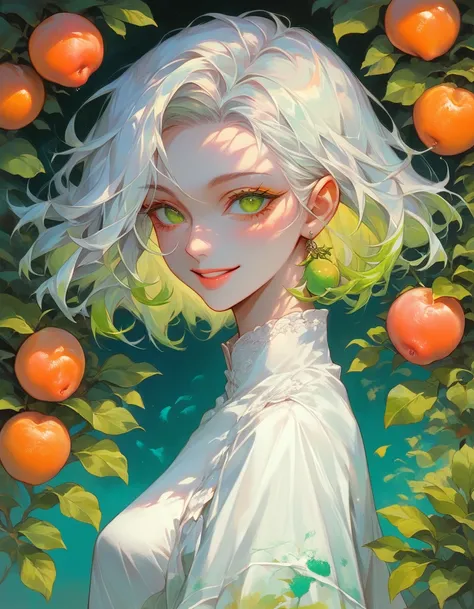 a beautiful detailed painting of a smiling girl in a garden surrounded by yuzu flowers, aquarelle painting style with sketching details, floating grapefruit fruits and peels, vibrant orange and green colors, white highlights