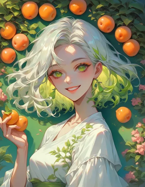 a beautiful detailed painting of a smiling girl in a garden surrounded by yuzu flowers, aquarelle painting style with sketching details, floating grapefruit fruits and peels, vibrant orange and green colors, white highlights