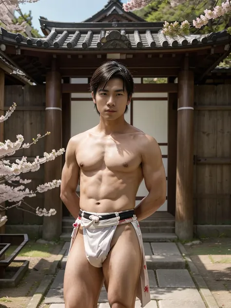 handsome japanese young man, wearing samurai helmet, bare chest, wearing traditional japanese fundoshi, standing in front of japanese castle, cherry blossom trees, clear sky, surrounded by samurai warriors