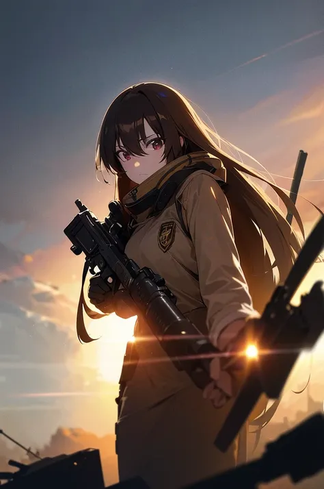 In the spotlight, holding_gun, assault_rifle, Very detailed, Brown Hair, Long Hair, Anime Style, whole body, alone, Stylish Gunfighter Girl, Holding a steampunk long barrel pistol,Standing in the wasteland, 8K high resolution, White Background, The backgro...