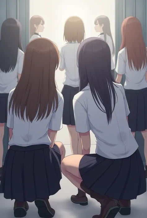 Group of school girls in white shirts and black skirts with long hair crouching with their backs turned 