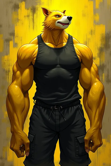 Furry, Anthro, solo, Hypno, Male, (((muscular body, massive thighs, massive male pectorals, fluffy neck, yellow skin, wearing black tanktop, wearing black sweatpants))), ((((massive biceps)))), ((((((massive bulky torso, wide-eyed, head tilted, facing view...