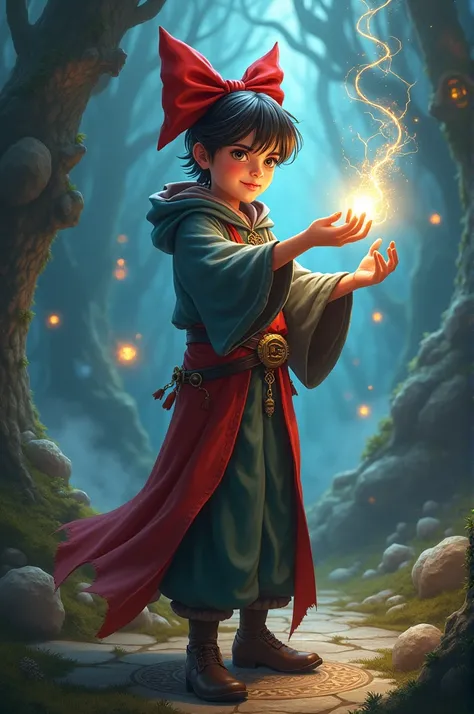 A young wizard with a red bow 