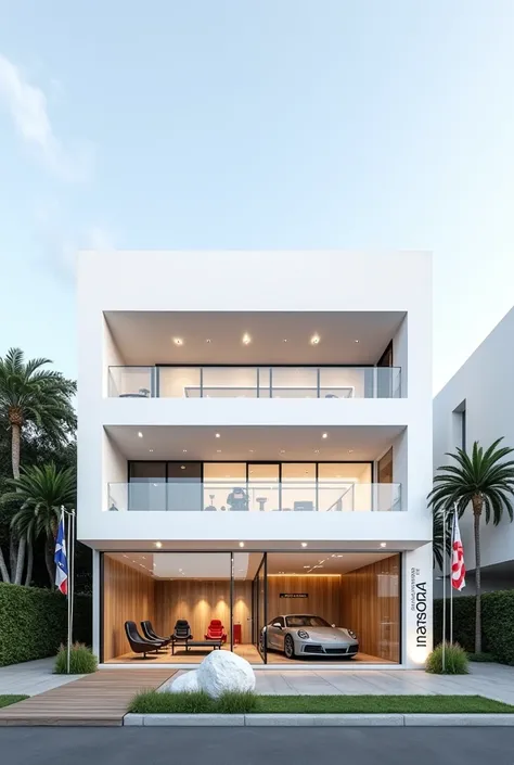 "A three-story aesthetic car modification shop with a white elevation. The front of the building appears plain, showing only one wall. The name The Natraj is displayed on the right side of the building. On the lower right side, there are flags of sports br...