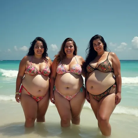 3 women are obese with lots of belly fat, like Tess Holliday, they are plus size models with beautiful faces, they are wearing colorful bikinis and humping each others bellies, they are obese Brazilian sumo wrestlers with very large bellies, they are diste...