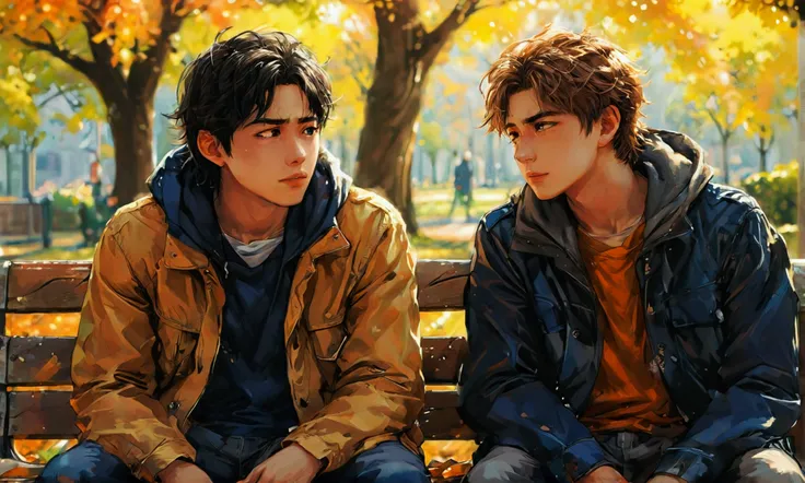 TWO YOUNG MEN TALKING SITTING ON A PARK BENCH,manga style art,manga style art,manga style art,manga style art
