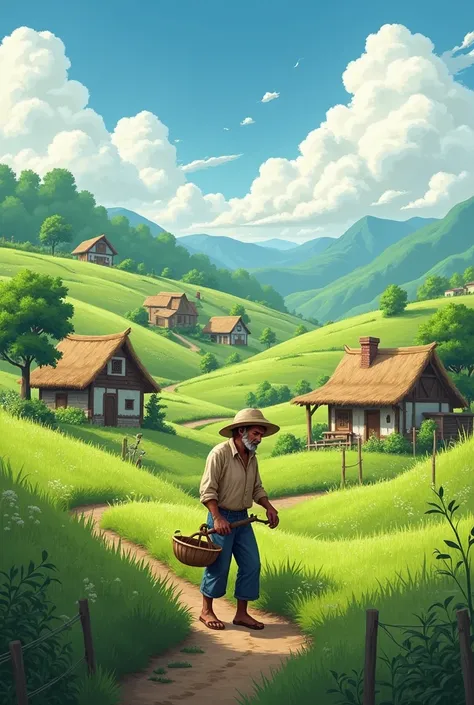 A small village with modest houses and lush green fields. A humble farmer is working in his field.
