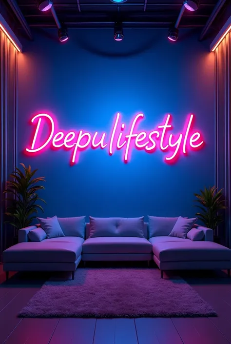 Create a instagram studio background with a modern and sleek design. In the center of the background, display the name Deepulifestyle in bright neon lights with correct spelling. The neon lights should be in a vibrant color, such as electric blue or neon p...