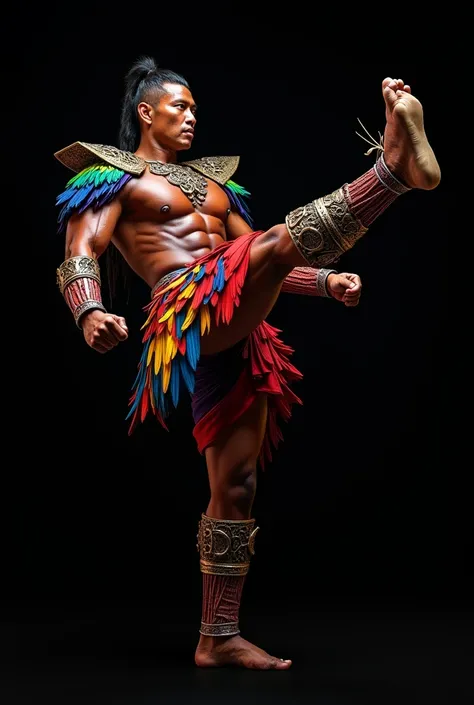 Pebrü Ancient Costa Rican warrior with Hwarang armor with the colors of the macaws without weapons is with a black background this one is doing a kick and less stocky, Now with the colors of the macaws and doing a higher side kick, the kick is now more mas...