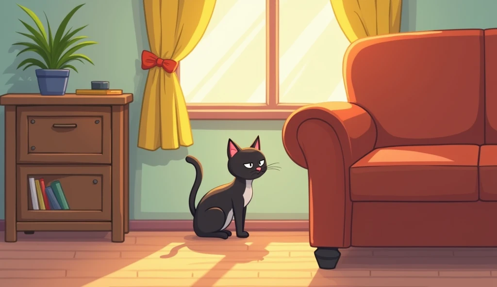 image of a cat behind a piece of furniture in a living room cartoon