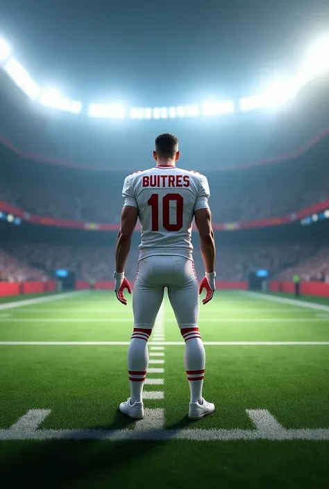 create an image that is an American football field, a player with his back turned wearing a white jersey with the name of the Buitres team on his back