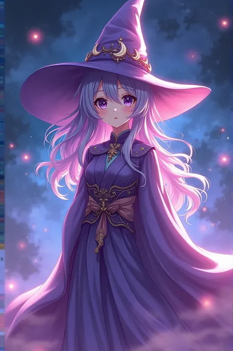 An anime-style female wizard in her 20s wearing a purple robe and hat