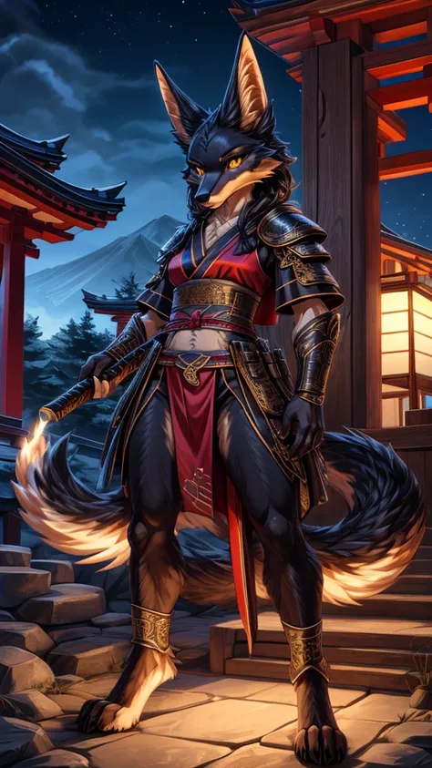 Masterpiece Best quality, the best definition to add aesthetic and lighting details, dark kitsune, Black girl jackal, teen girl, ,black body, japanese shrine landscape mt fujisan al fondo add_detail, golden tattoo body, sensual eyes, yellow pupil, glowing ...