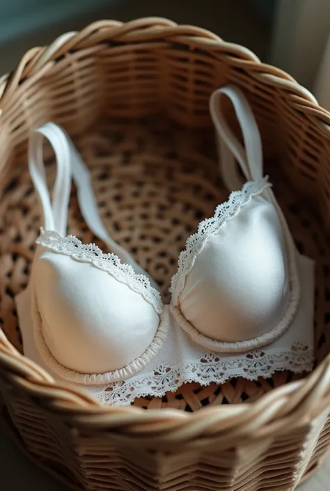 Used white bra in basket
