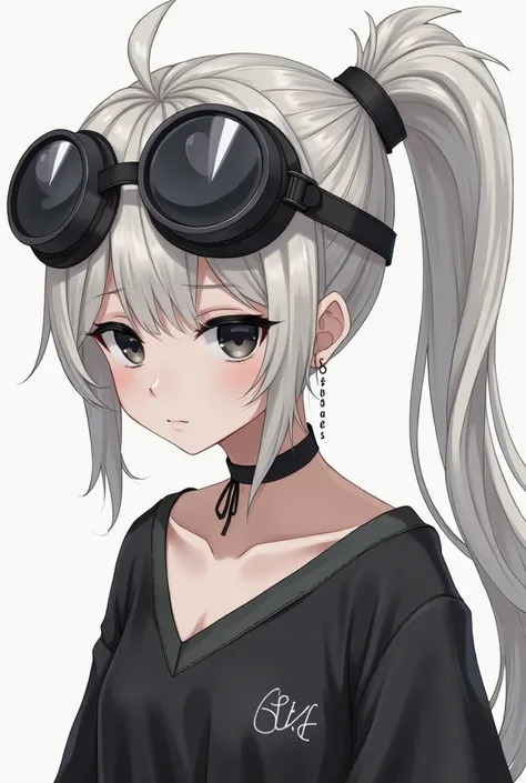 girl、White, unkempt hair、Her hair is tied up high on one side and is spiky.、Wearing large goggles on his head、Eyes are black、The clothes are revealing、