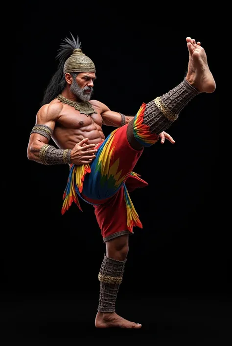 Pebrü Ancient Costa Rican warrior with Hwarang armor with the colors of the macaws without weapons is with a black background this one is doing a kick and less stocky, Now with the colors of the macaws and doing a higher side kick, the kick now more mascul...