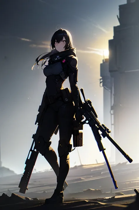 in the spotlight, holding_gun, assault_rifle, very detailed,, anime style, whole body, alone, stylish gunfighter girl, holding a...