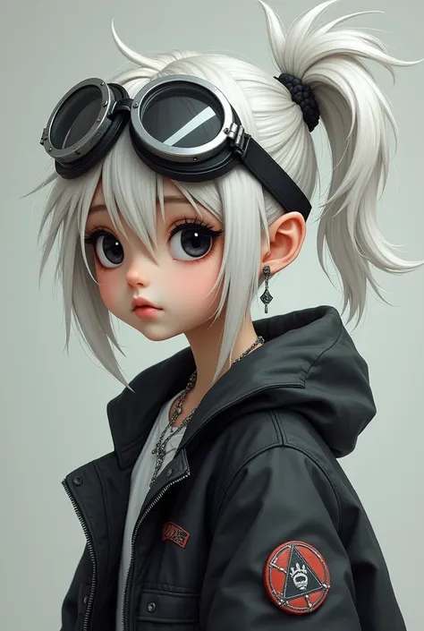 girl、White, unkempt hair、Her hair is tied up high on the right side and is spiky.、Wearing large goggles on his head、Eyes are black、The clothes are punk-style and don&#39;t reveal much skin.、