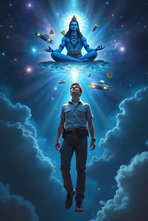 A young man, dressed casually, is floating in space with his eyes closed, dreaming of becoming a police officer. His thoughts manifest around him as glowing, ethereal images—a police officers badge, a patrol car, and a uniform. Above him, Lord Shiva is sea...