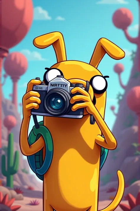 Jake the dog with a camera in cartoon animation 