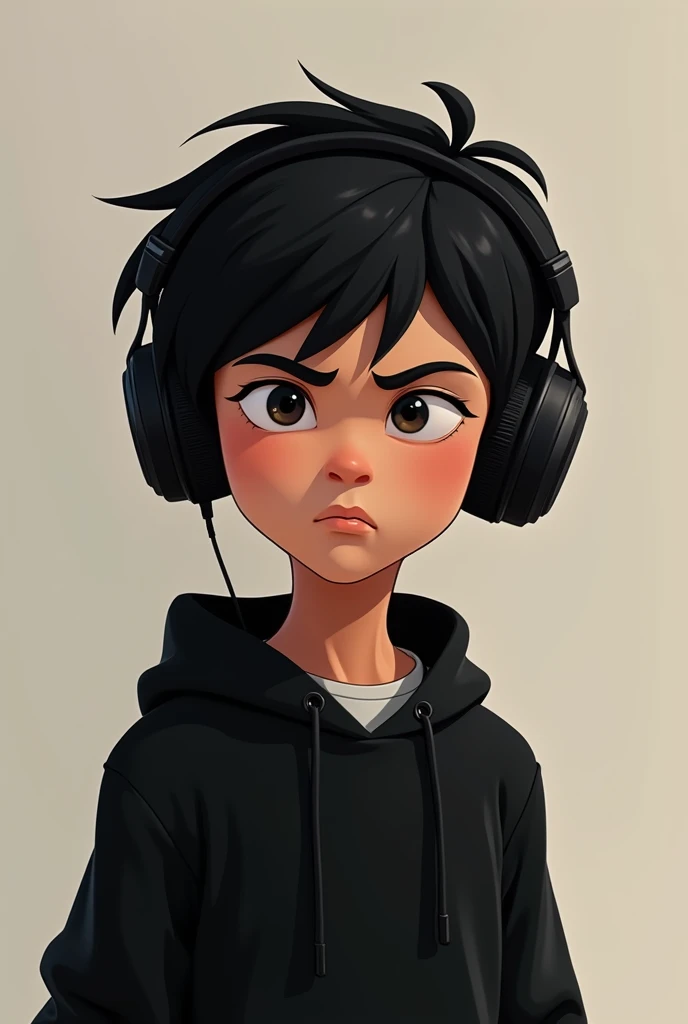 Boy wearing black hoodie and headphones animated serious 
