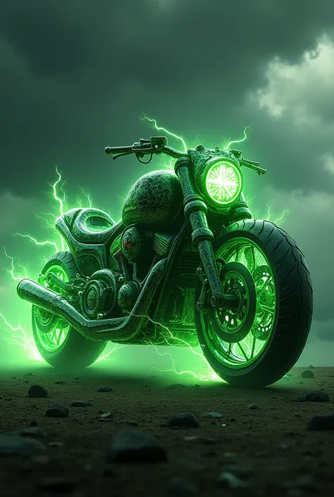 A green lightning bolt in the shape of a motorcycle, beast style 