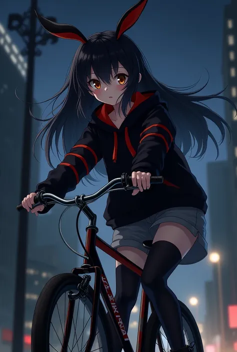 1 girl、masterpiece, highest quality, very detailed、black hair、long hair、Shiny flowing hair、brown eyes、Tree eyes、black and red(8:2)colored hoodie with bunny ears, gray shorts、black pants stockings、black short boots、diagonal angle、straddle the bike、midnight、...