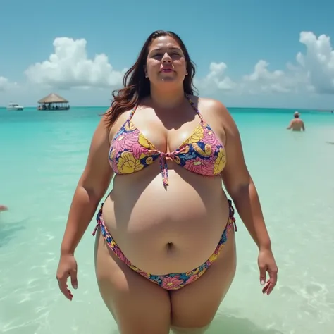 A woman is obese with lots of belly fat and looks like Tess Holliday, she is a plus size model with a beautiful face, she is wearing a colorful bikini swimsuit and has a big belly, she is an obese Brazilian sumo wrestler with a very large belly, her belly ...