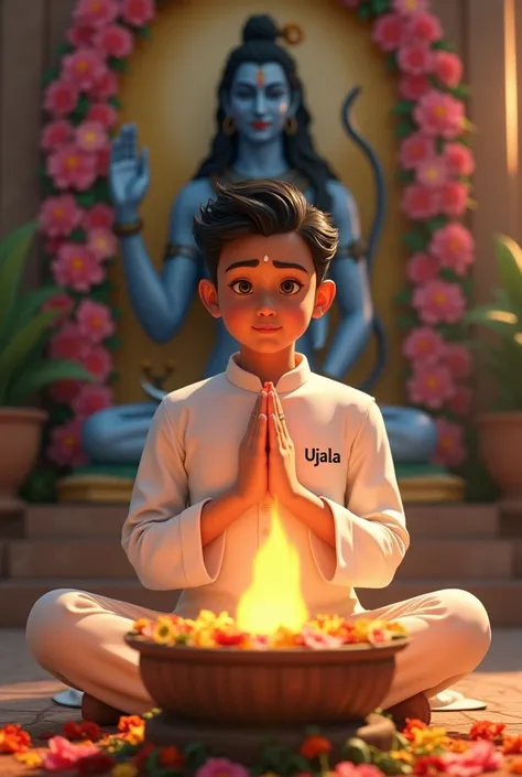 20 years old boy, is seated and praying in front of a Shivling adorned with flowers and belpata (green leaves). Behind him, theres a floral board with an image of Lord Shiva. The boy is wearing a white kurta on which name "Ujala" written clearly , have sty...