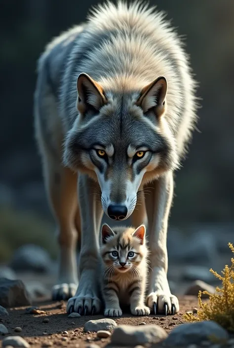 Alpha wolf defending his kitten 