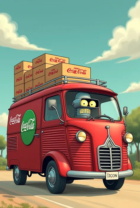 A dark burgundy minibus with a green round Flaschenpost emblem on the side of the Citroën is carrying many boxes of Coca-Cola, Bender from the Futurama cartoon is sitting at the wheel and sticking his hand out the side window, showing a thumbs up like. Ima...