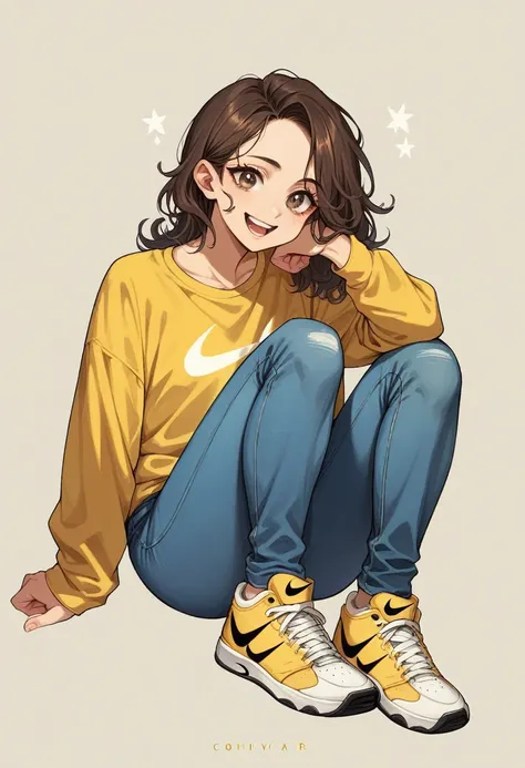 an image of a happy 16-year-old girl, fair skin, light brown eyes, short, curly dark brown hair, wearing blue jeans and a yellow shirt, wearing Nike sneakers