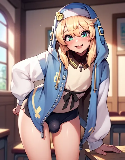 1boy solo, feminine and girly, trap, twink, leaning forward, indoors, background, blush, blonde hair, innocent and cute boy, butt, Bridget, spats, small bulge, big ass, 