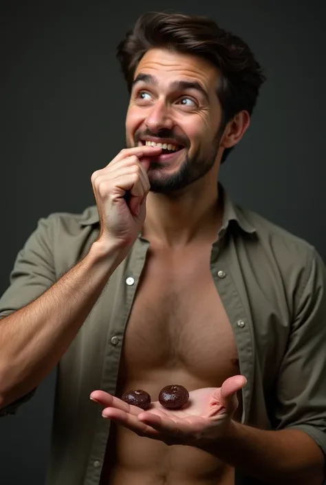 PICTURE REALISTIC, a man with his hand outstretched as if asking, wearing a closed blouse, showing from the waist up, Grinning, biting into each one a small dark brown candy.