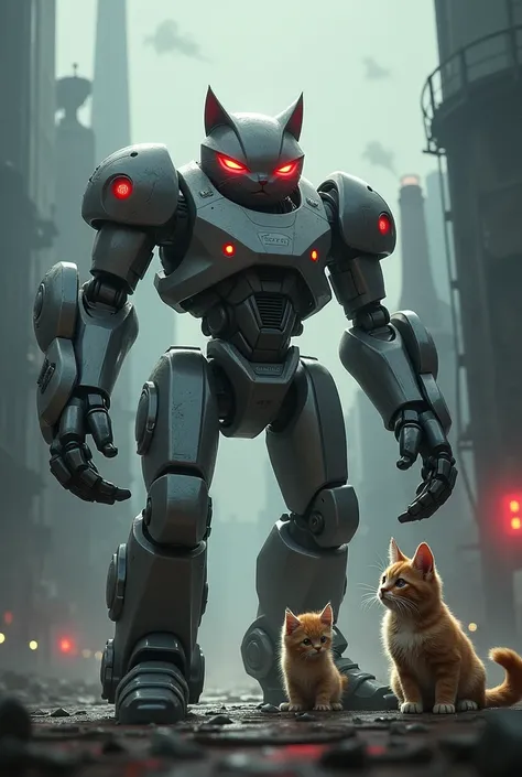 Sad cat so sad that he became a robot and after becoming a robot he became very bad and then his kitten friend and his puppy friend defeated him both with a giant mecha robot