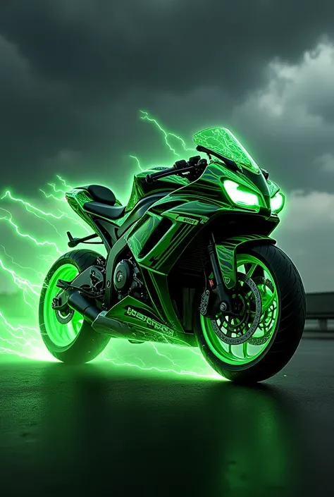 A green lightning bolt in the form of a Kawasaki Ninja 300 motorcycle, beast style 