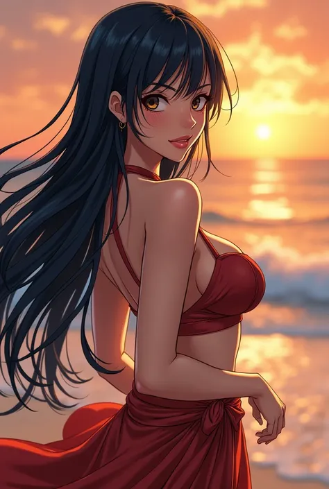 (anime art style) nico robin (One Piece), with long dark blue almost black hair, eyes browns, blushing expression, dynósc pose, standing on the beach, NSFW,breast curtains,jiangshi, Qing_Guanmao, rise sun