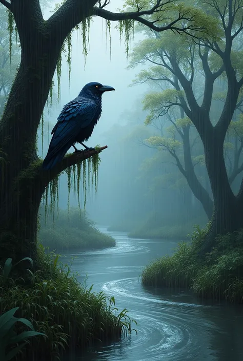 An eclectic raven bird of sheen, sitting on a short tree branch ontop of a running river. the river being surrounded by short trees, giant trees and long weeds. looks like a wet and swampy forest surrounding the river. Place looks extremely bushy with wetn...