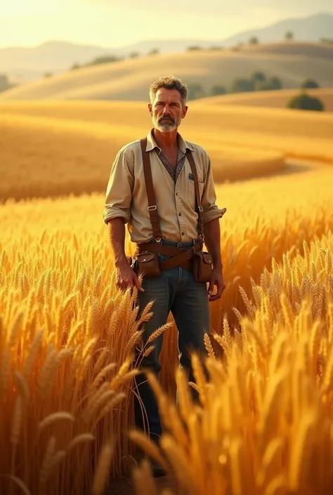 The field is covered in golden, shimmering crops. The farmer stands proudly, surrounded by his bountiful harvest.