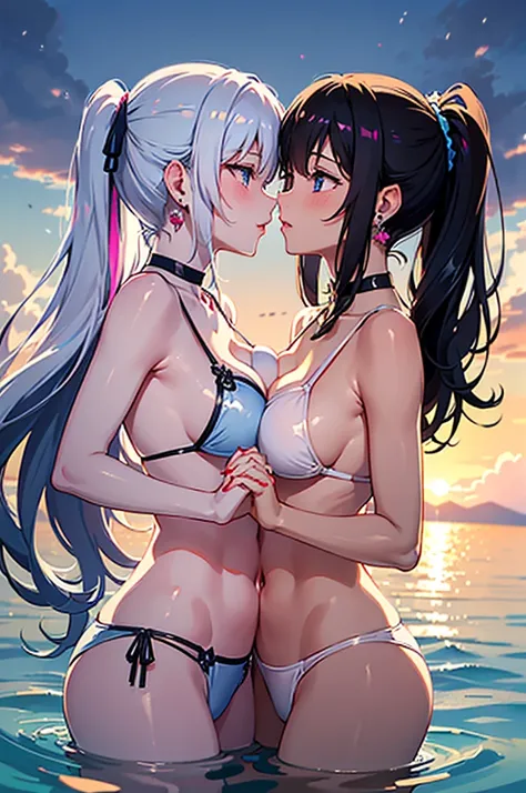 (high detail, high quality, best picture quality, masterpiece:1.2), Pale, moya, multiple girls. Bokeh, DOF, Two cute Girls　Night sea moon　dark　Backlight　(The girl on the right is short and has a medium bust/Blue eyes/brown ponytail)　BREAK　(The girl on the ...