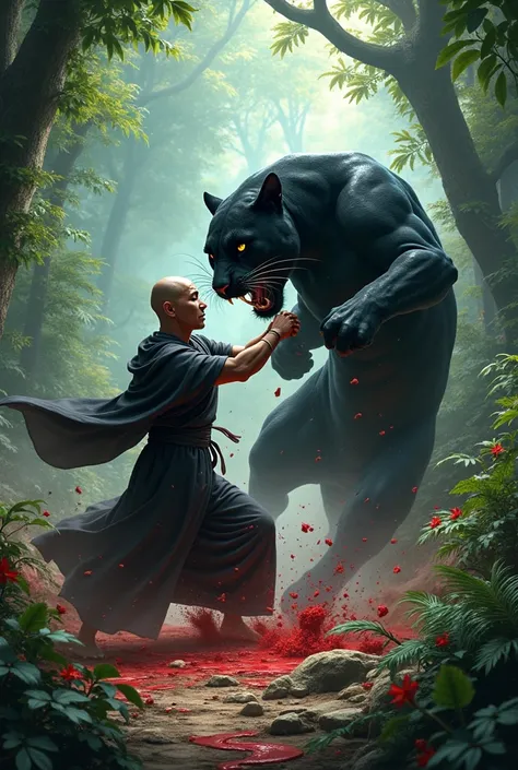 A black panther fighting with black clothed buddhist monk, panther and monk bleeding lots of blood , location is beautiful jungle