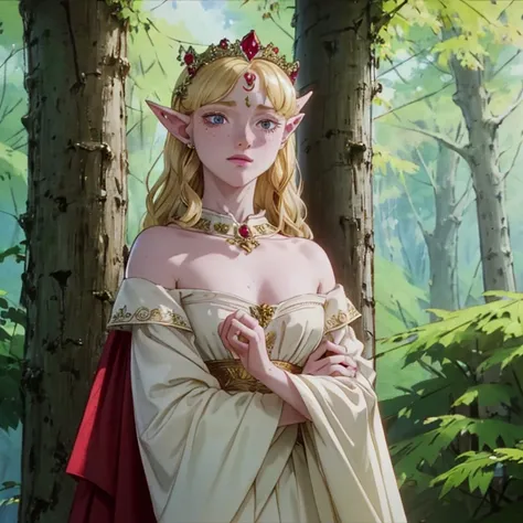 a beautiful blonde woman with elf ears and freckles, wearing a ruby crown, intricate details, delicate facial features, porcelai...