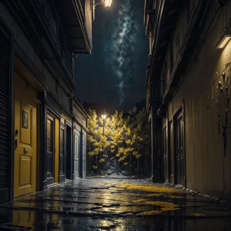 High relief with plaster oil painting made by Jerwmy Mann at an alley on a nightmare pretty surreal at night, deep grey and black blue and golden yellow, 4D, 8K, photorealistic, dreamlike, big and complex composition storytelling, masterpiece, Impressionis...