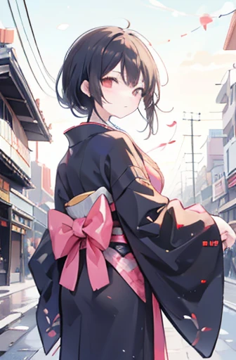 Izanagi, with black hair and wearing a kimono, looks back at us in the street