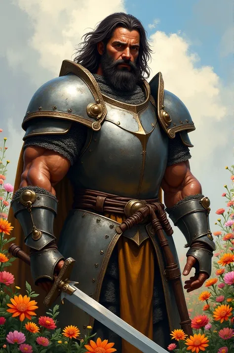 muscular body, brown skinned, man, long dark brown layered messy straight hair, masculine face, dressed in basic knigth armor without a helmet, different kind of flowers around him, portrait 