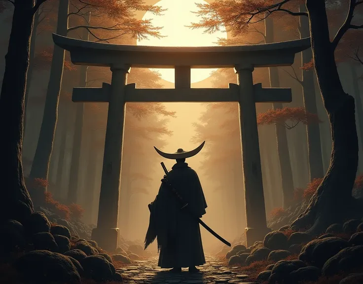 Create an image of a katana on a Japanese torii at night in a brown forest