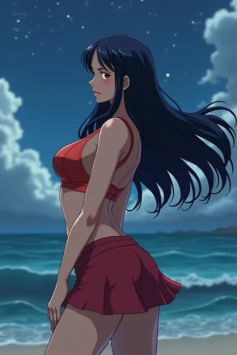 (anime art style) nico robin (One Piece), with long dark blue almost black hair, eyes browns, blushing expression, dynamic pose, standing on the beach,breast curtains,jiangshi, Qing_Guanmao, nightfall