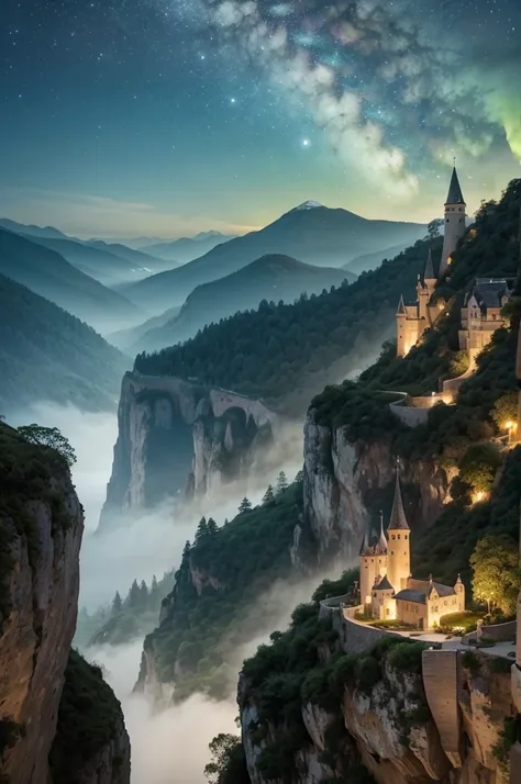 a white shinning village with a large south facing wall, miraculous ivory limestone towers ascend to the top of the valley, torchlight illuminating the night sky, lights of emerald sands sweep across the land, emerald sand falling on the village like show ...